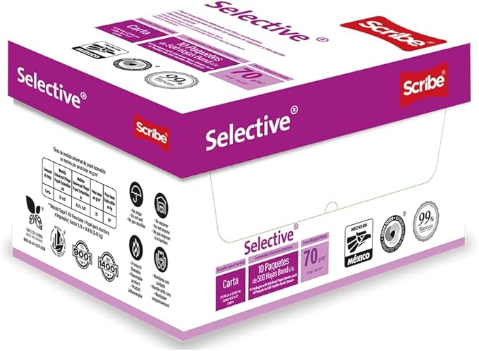 Scribe, Papel Bond, Selective, 500 hojas por paquete, 99% Blancura 70 gramos, Hoja Blanca Tamaño Carta, 21.59 x 27.94 cm