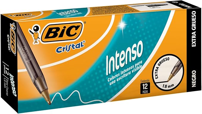 BIC, Bolígrafo de Punto Grueso, Pluma Clásica, Cristal Intenso 12 piezas