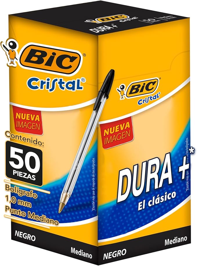 BIC Bolígrafo Cristal Dura + Punto Mediano 1.00 mm Cuerpo Hexagonal 50 Piezas