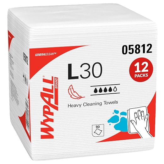 WypAll® GeneralClean™ L30 - Toallas de limpieza resistentes cuarto de pliegue, resistentes y suaves, color blanco 90 hojas/paquete