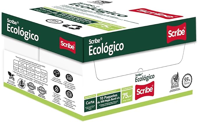 Scribe, Papel Bond, Ecológico, 500 hojas por paquete 93% Blancura 75 gramos, Hoja Blanca,Tamaño Carta, 21.59 x 27.94 cm