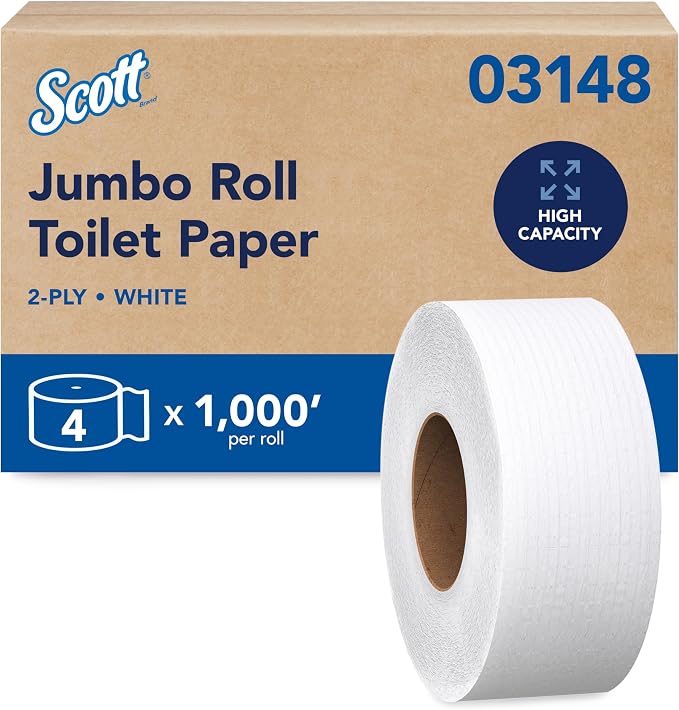 Scott Papel higiénico Jumbo de alta capacidad, a granel 2 capas, blanco, no perforado, estuche compacto para un fácil almacenamiento