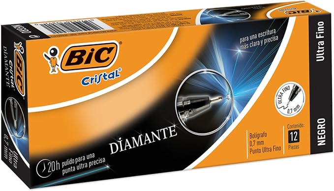 BIC, Bolígrafo de Punto Ultra fino, Pluma Clásica, Cristal Precisión y Suavidad, 12 piezas