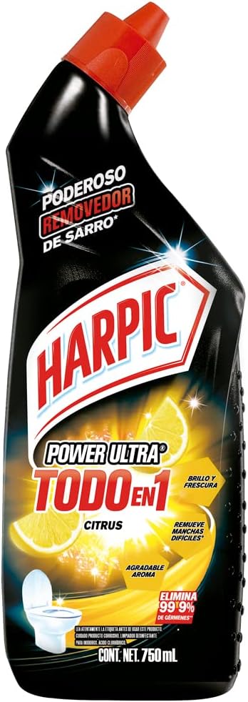 Harpic Power Ultra, Todo en 1 Citrus, Líquido Desinfectante para Inodoros, 750 ml