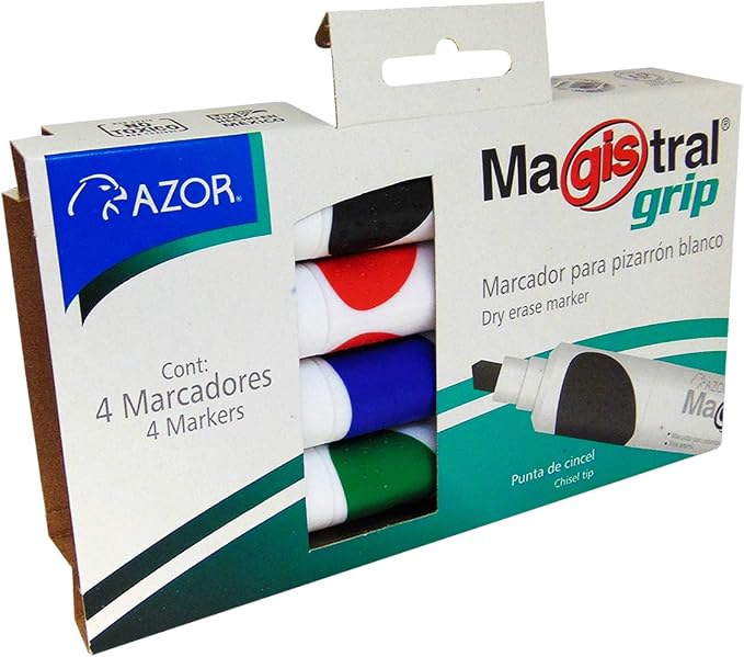 AZOR - Marcadores Para Pizarron Blanco, Magistral, Plumones Con Grip, Punta De Cincel 6mm, Colores Surtidos, Bajo Aroma, Borrado Sin Residuos