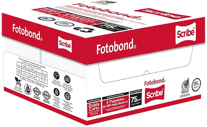 Scribe, Papel Bond, Fotobond, 500 hojas por paquete 95% Blancura 75 gramos, Hoja Blanca,Tamaño Doble Carta, 43.18 x 27.94 cm