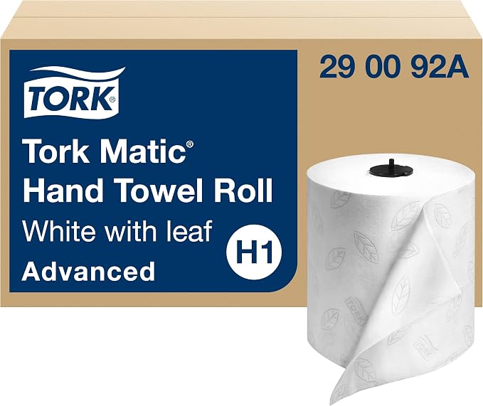 Tork Matic - Rollo de toallas de mano, color blanco con hoja gris, avanzado, H1, fibra 100% reciclada, alta absorción, capacidad media, 2 capas