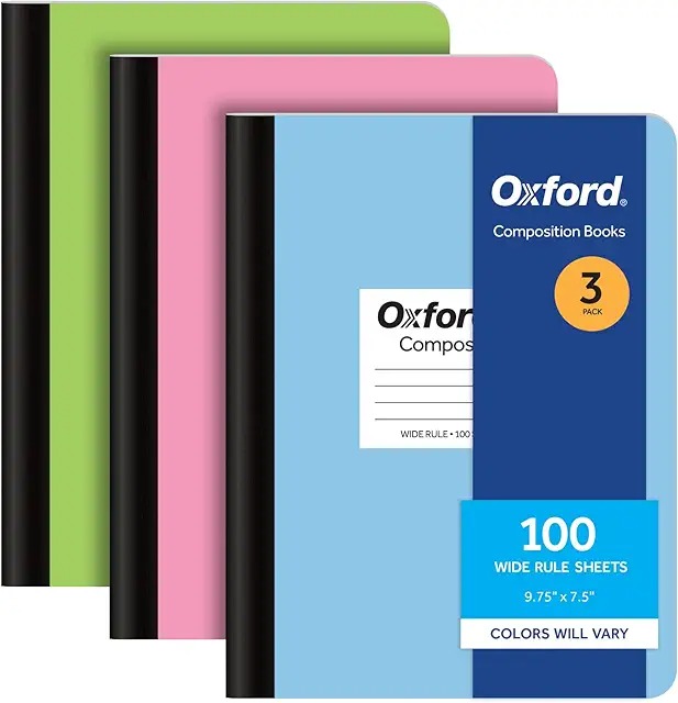 Oxford Composition - colores de la cubierta varían, papel rayado ancho, diarios escolares de 9-3/4 x 7-1/2 pulgadas, cubiertas pastel surtidas, 100 hojas por libro