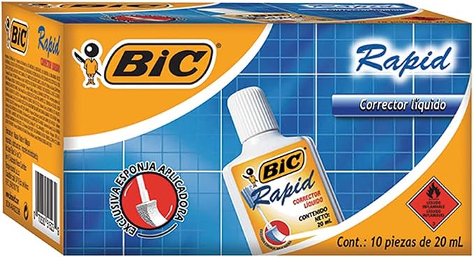 BIC, Corrector Líquido, Rapid, Secado Rápido, Máxima Cobertura, Sin Grumos, Aplicador de Esponja, Escuela, Trabajo, Home Office